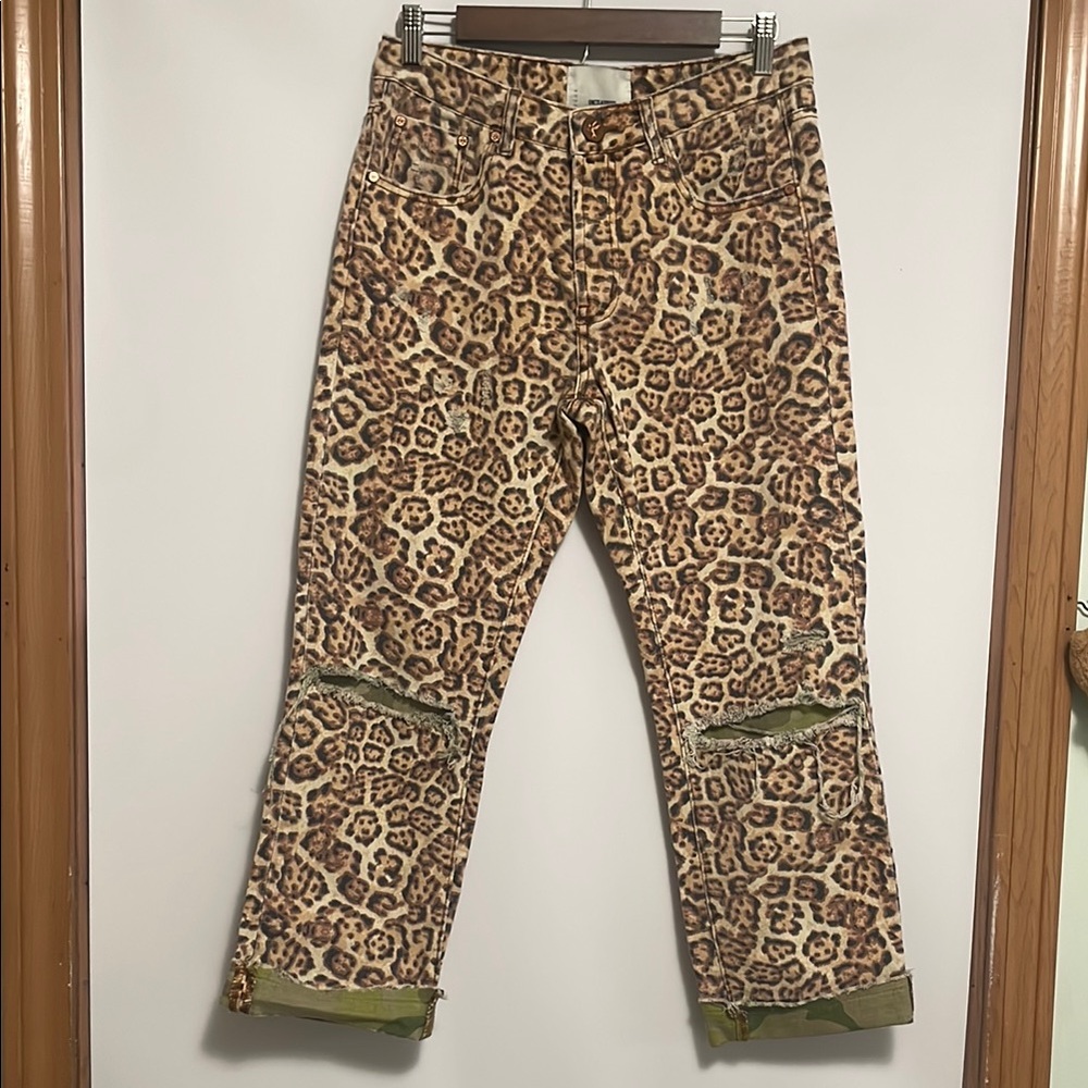 Free People X One Teaspoon Brand Leopard Print Pants with Green Camo Accents